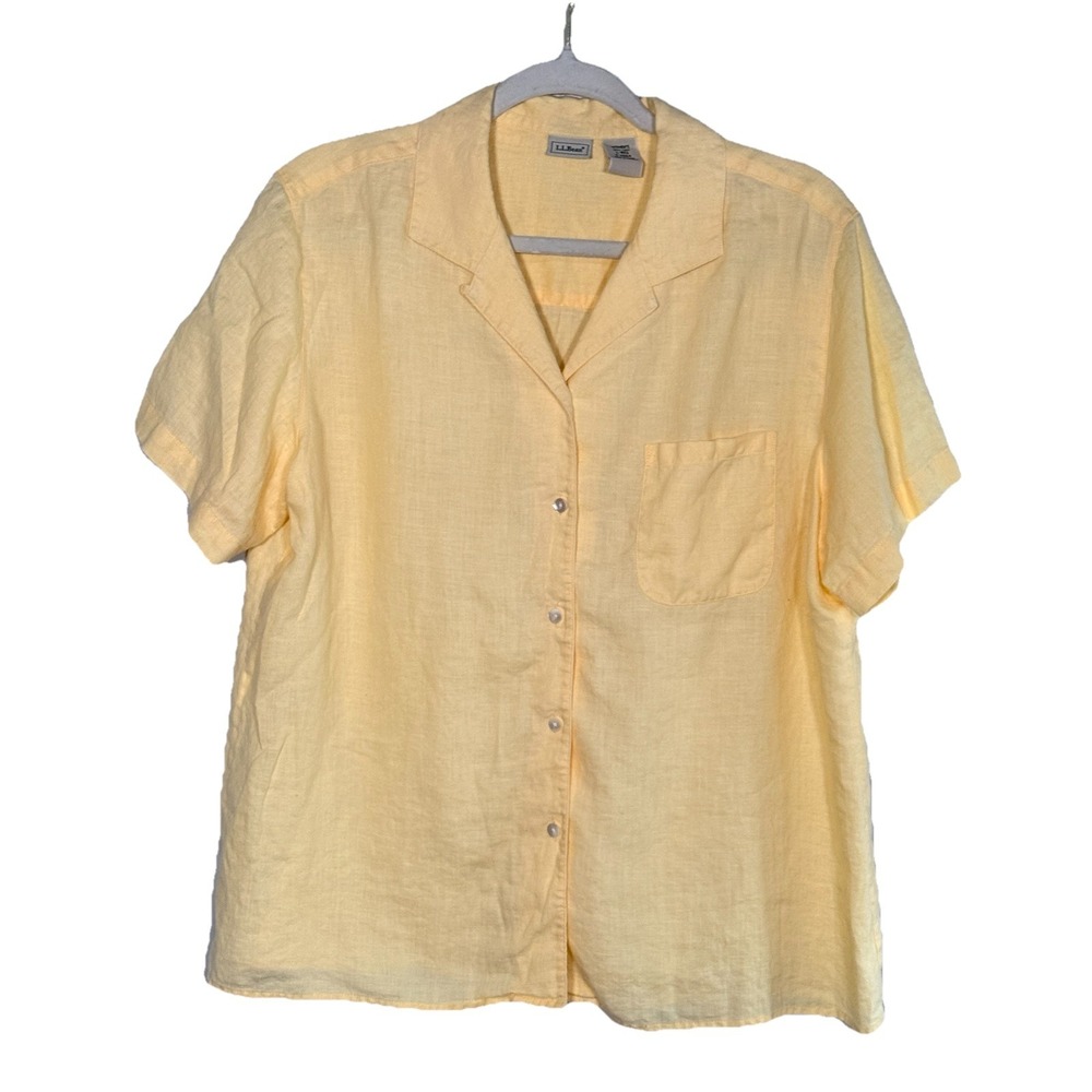 LL BEAN 100% Linen Button Up Shirt Womens L Yellow Short Sleeve Shell Buttons
